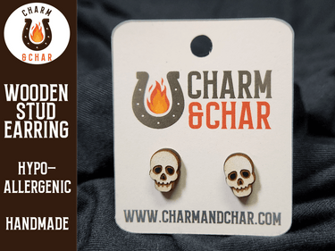 Skull Wood Stud Earrings - Halloween Fashion Earring - Stud Earring - Charm and Char